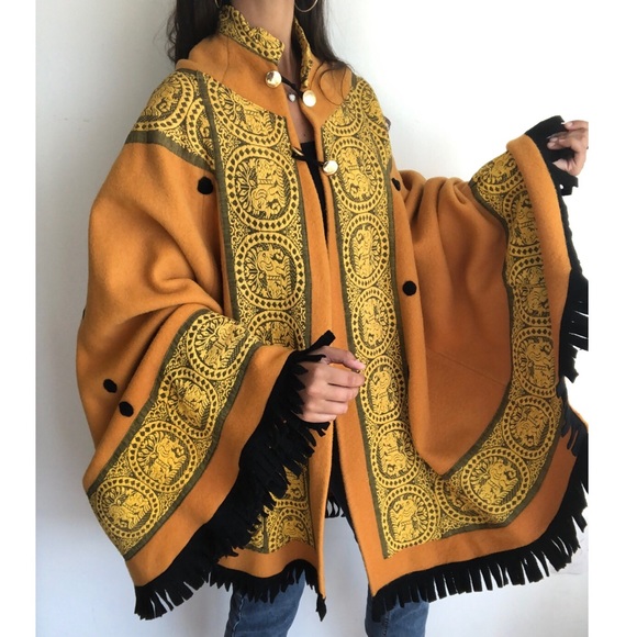 Vintage Jackets & Blazers - Vintage mustard embroidered wool boho cape OS